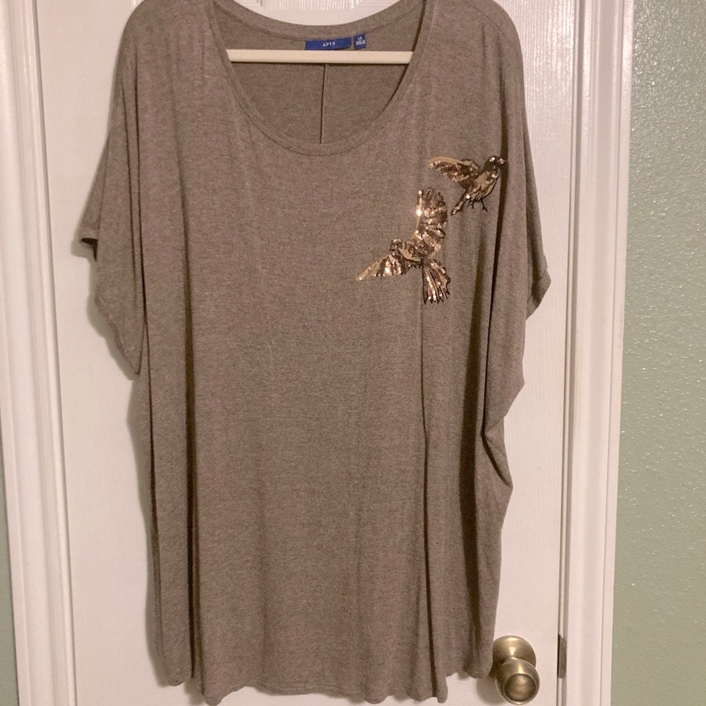 APT.9 brown w/gold sequined birds short sleeve tunic used in good condition